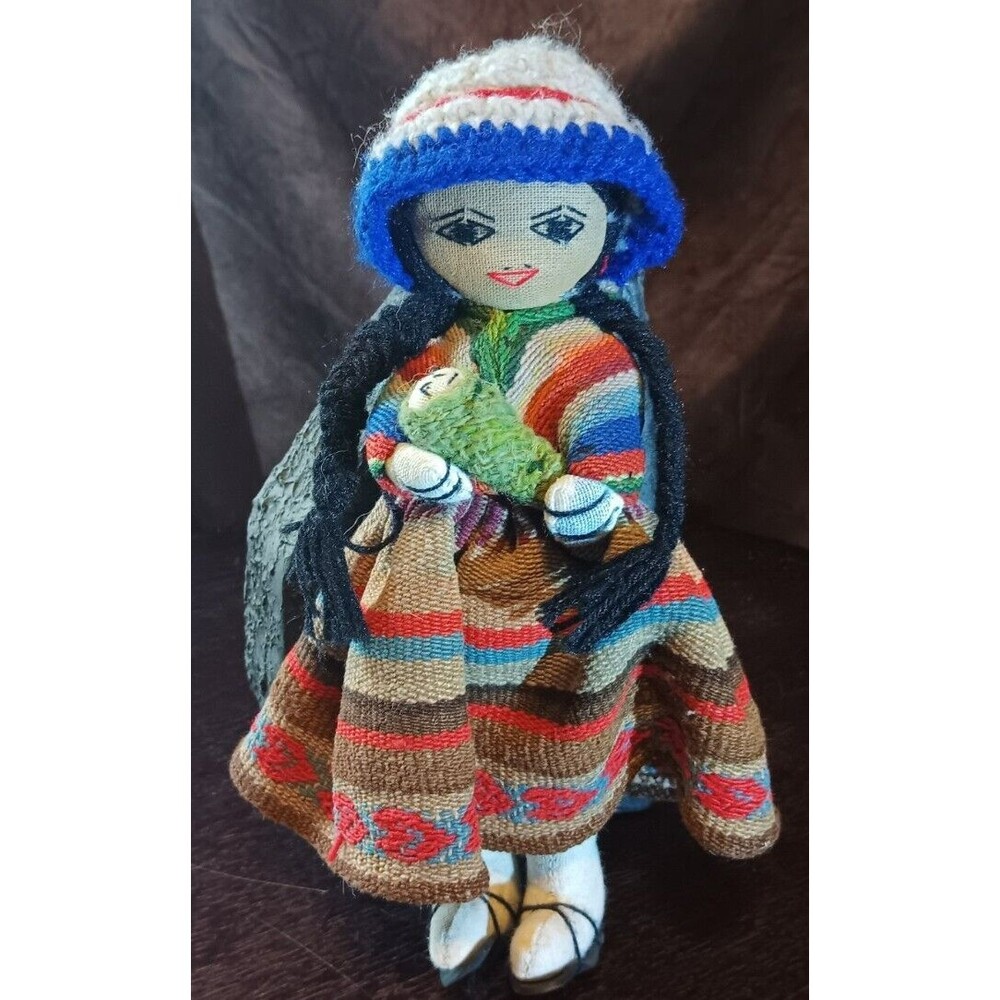 Vintage Handmade Peruvian/Bolivian Mommy Folk Doll, 2 Infants/Babies Wool 10"